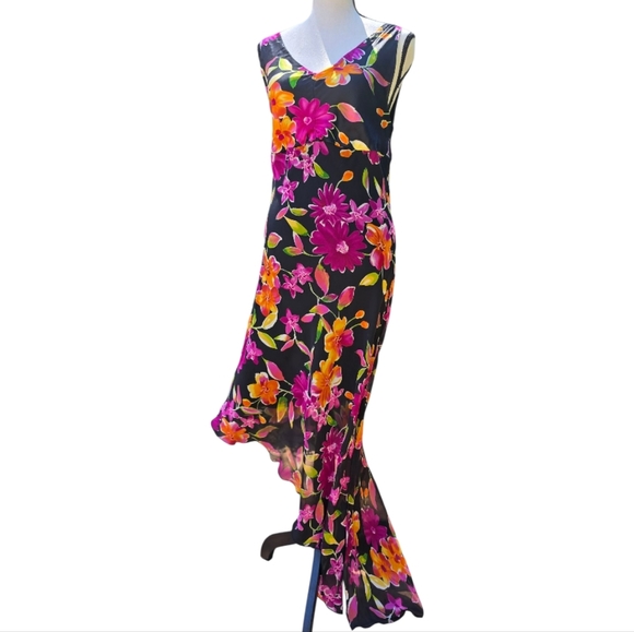 Vintage Beaded Sequined Asymetrical Black Pink Floral Sleeveless Maxi Dress - Picture 1 of 5